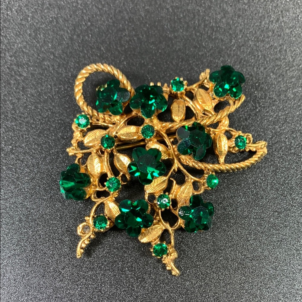 Vintage Gold and Green Floral Brooch